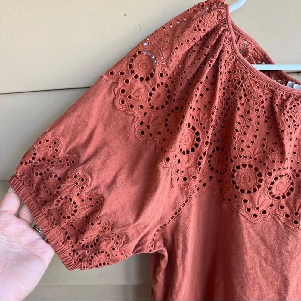 Loft Rust Red Cotton Puff Sleeve Top With Eyelet Lace Yoke, M
